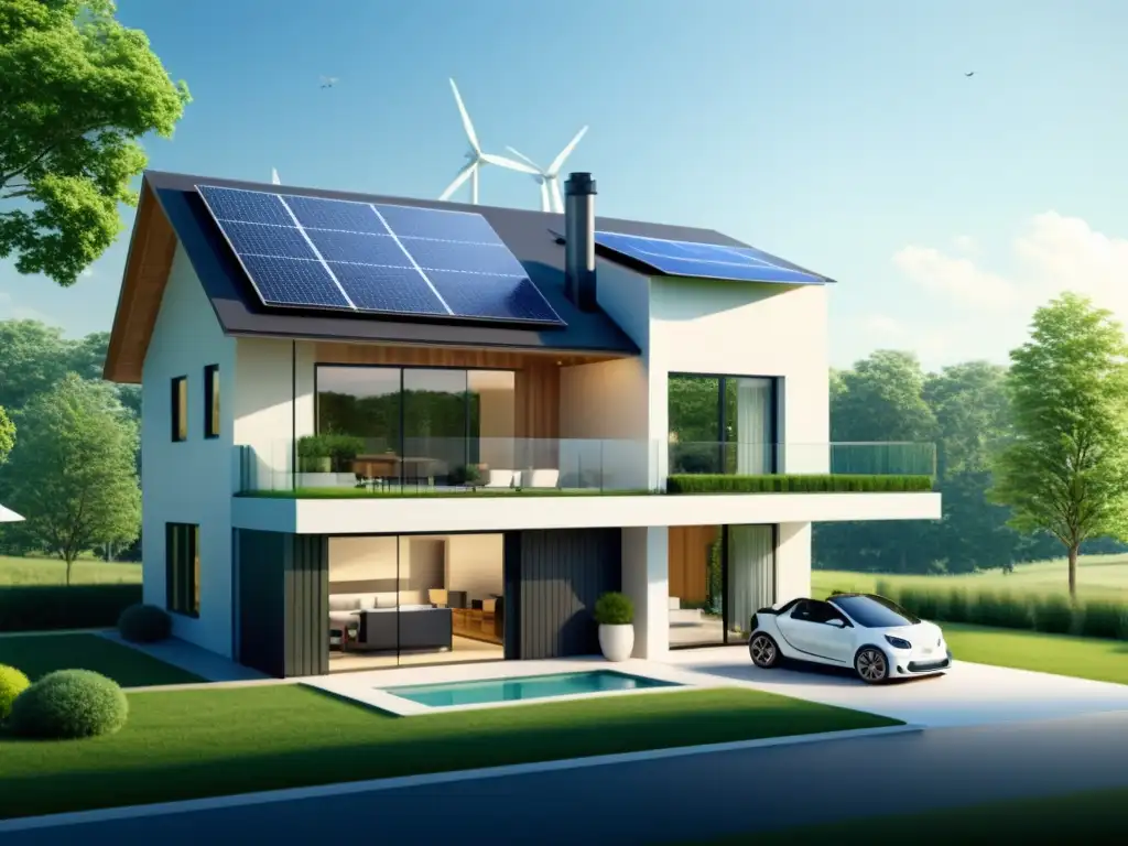 Un hogar sostenible con tecnologías renovables: paneles solares, turbinas eólicas y un panel de control moderno