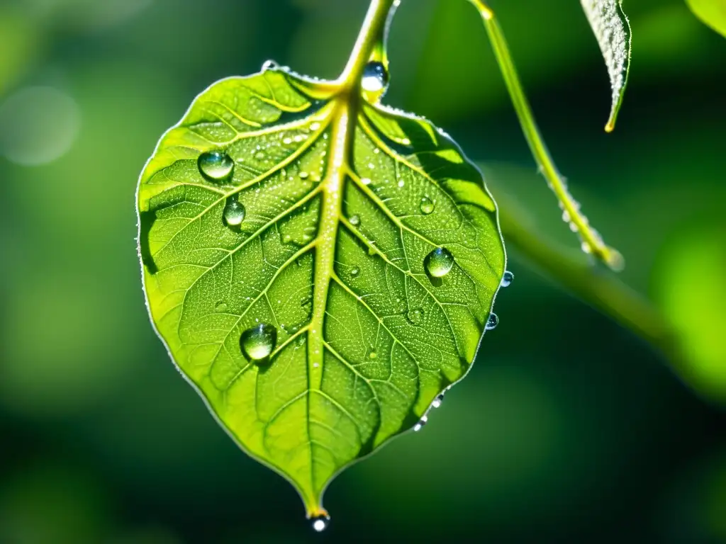 Hoja de planta de tomate verde vibrante con gotas de agua brillando al sol