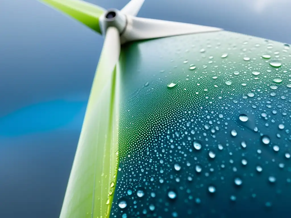 Una hoja de turbina eólica con gotas de lluvia que reflejan el paisaje, mostrando avances en mantenimiento predictivo turbinas eólicas