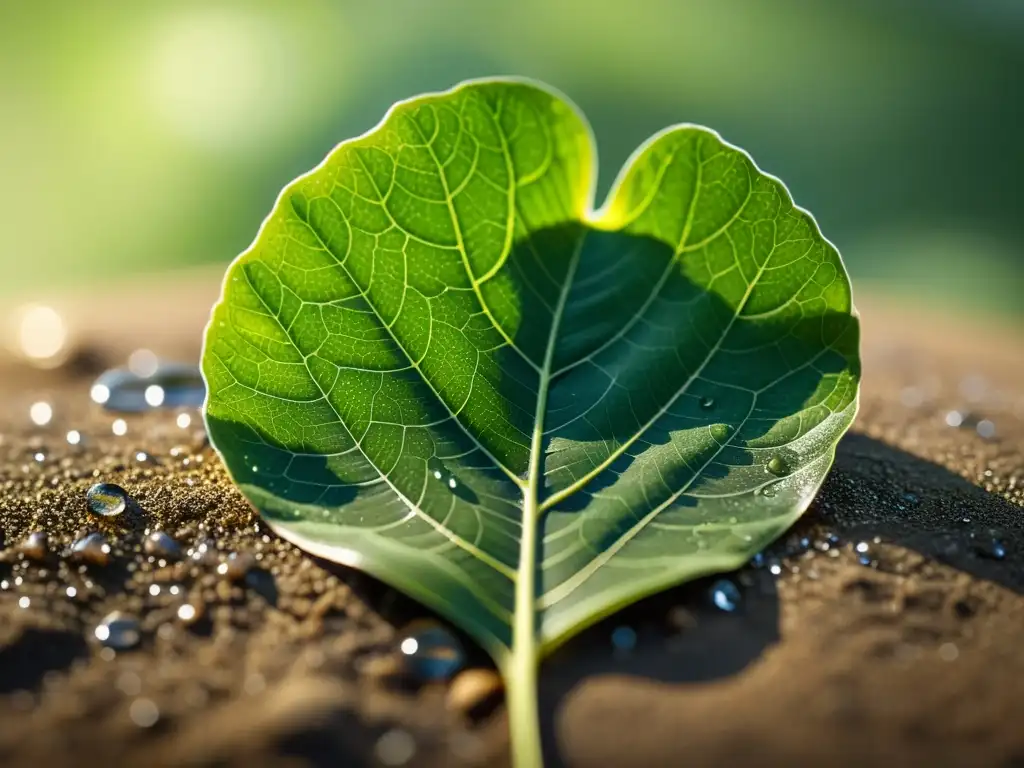 Una hoja verde con delicadas venas y gotas de agua, iluminada por la luz solar