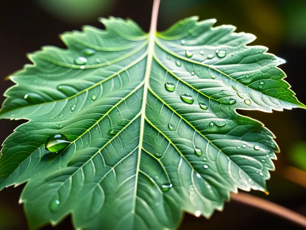 Detalles asombrosos de una hoja verde: venas y gotas de agua Una hoja verde con venas visibles y gotas de agua