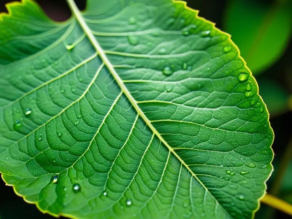 Una hoja verde vibrante con venas intrincadas, simétrica y detallada, con gotas de agua que reflejan el entorno