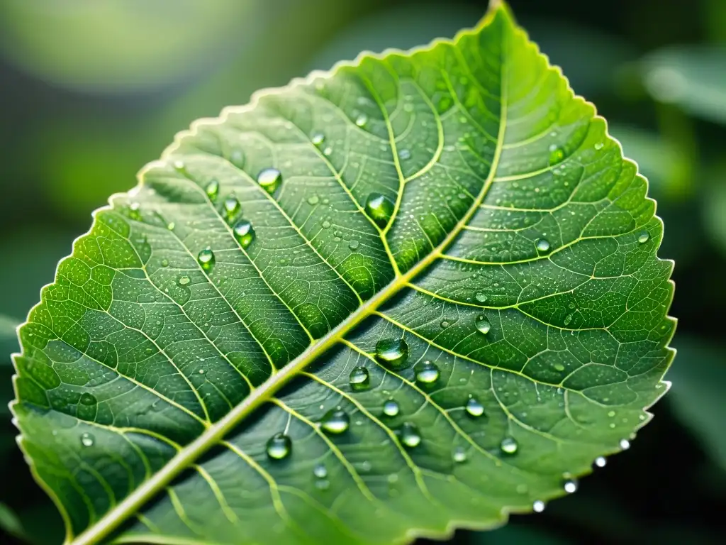 Una hoja verde vibrante con venas detalladas y gotas de agua brillantes al sol