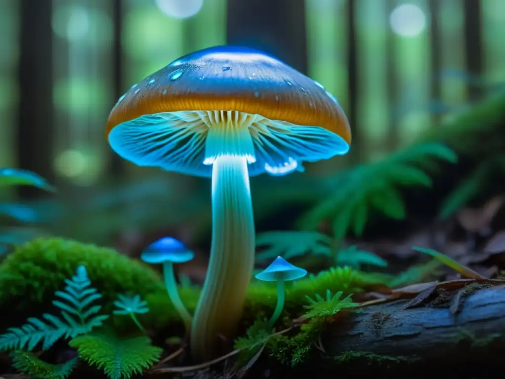 Un hongo bioluminiscente irradia una luz verdeazulada en el suelo del bosque, mostrando sus detalles intrincados