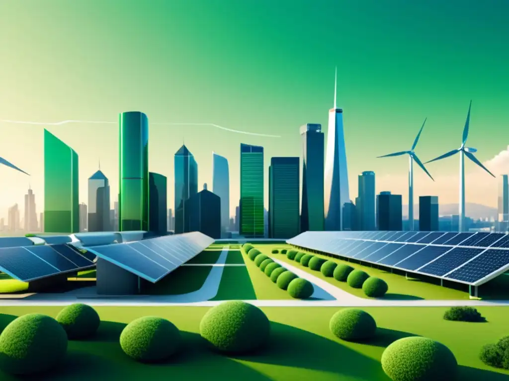 Horizonte futurista de la ciudad con energía verde y la integración de IA en redes eléctricas