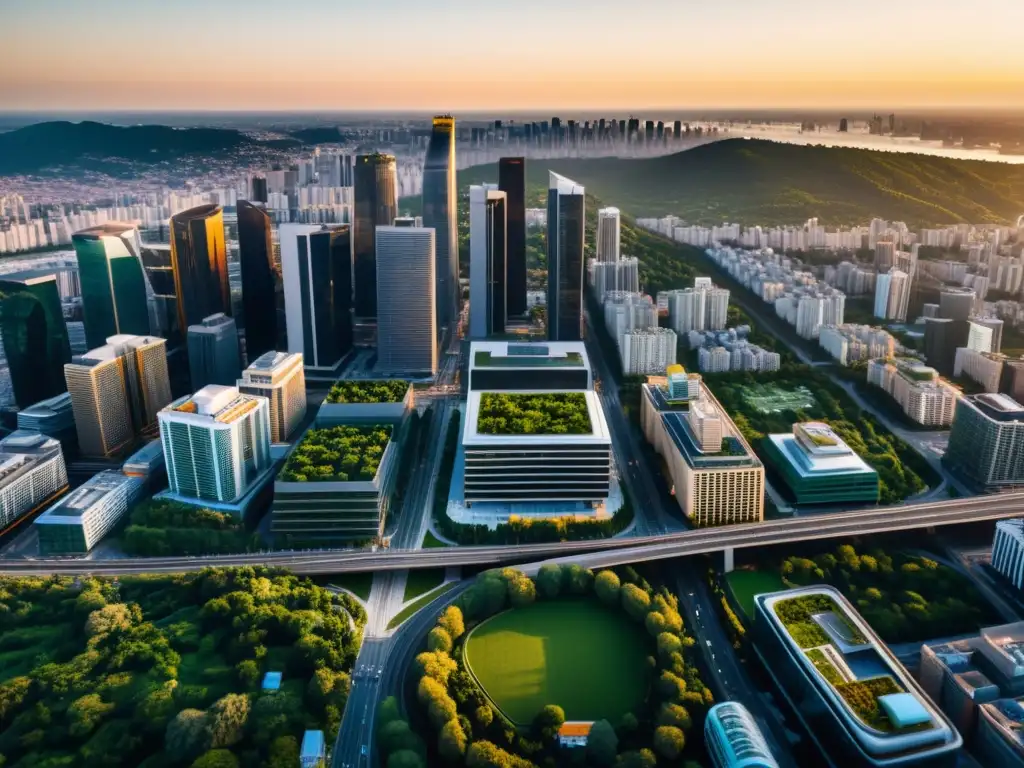 Un horizonte urbano sostenible con modernos rascacielos bañados por la cálida luz del atardecer