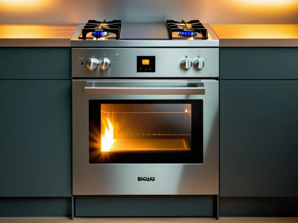 Horno y cocina de biocombustible sostenible con diseño minimalista y tecnología de vanguardia, iluminado suavemente