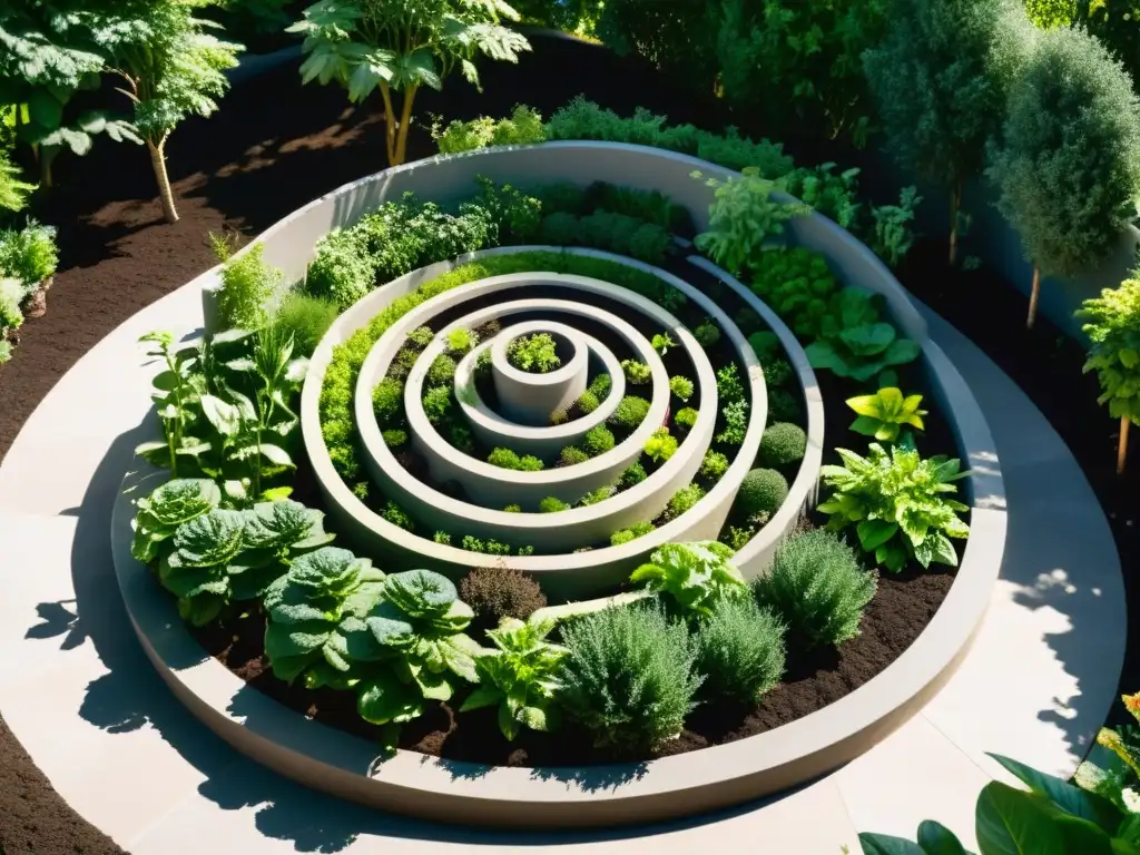 Huerto en espiral para espacios pequeños: jardín de vegetales y hierbas vibrantes, bañado por la luz del sol en un patio trasero