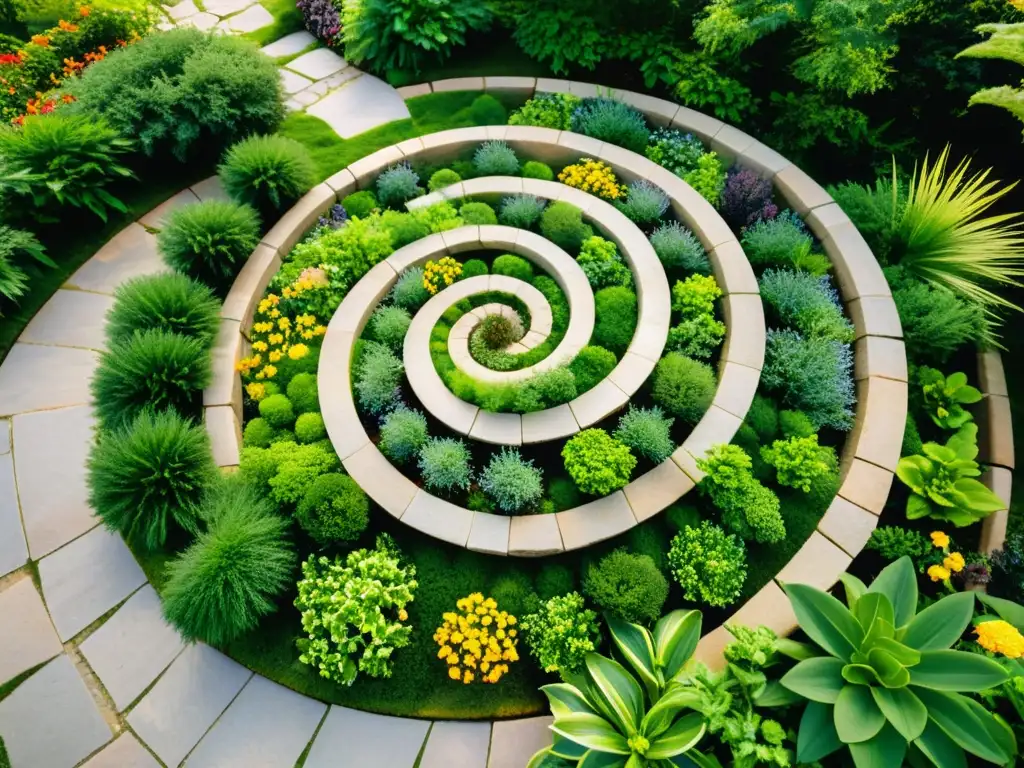 Huerto en espiral para espacios pequeños: Jardín detallado con hierbas verdes, flores coloridas y senderos de piedra, bañado por luz natural