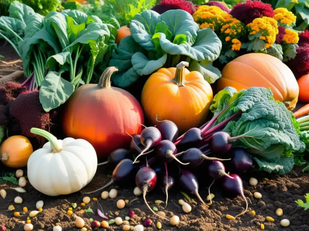 Un huerto de otoño repleto de vegetales vibrantes, bañado por el sol