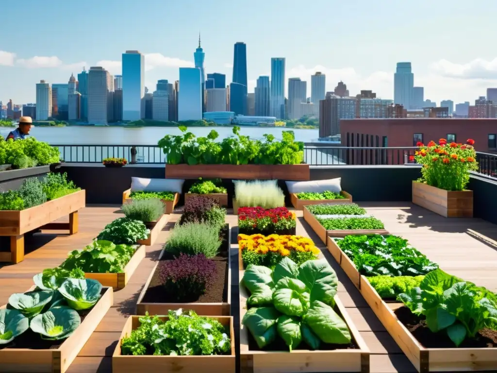 Un huerto urbano bullicioso donde la comunidad cuida plantas y flores, fusionando naturaleza y ciudad