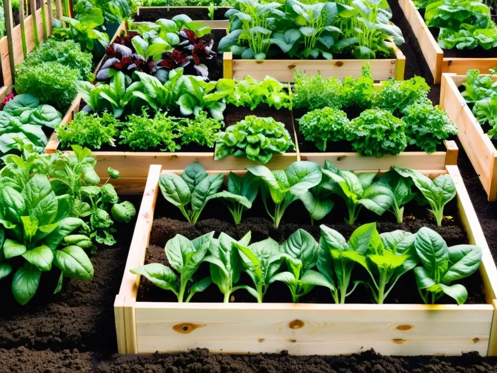 Huerto urbano sostenible en casa con vegetales y hierbas vibrantes, suelo oscuro y vida natural en un jardín bien cuidado