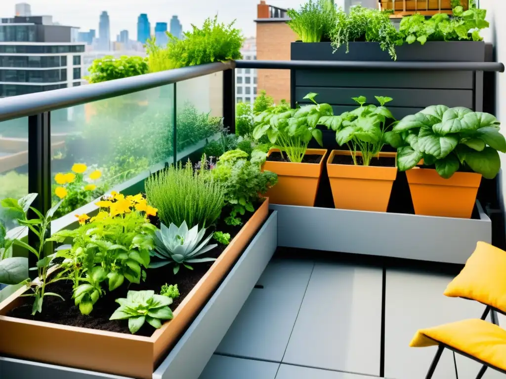 Huerto urbano sostenible en casa: Balcon urbano con jardinera y sistema de riego por goteo, lleno de plantas verdes y coloridas