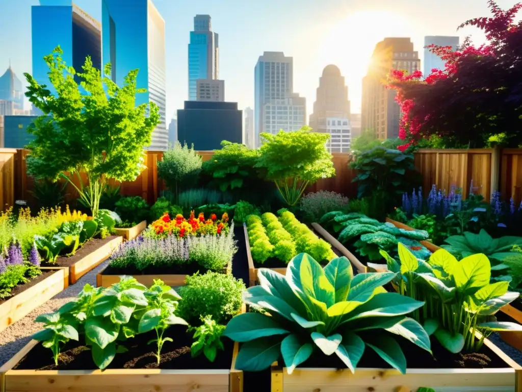 Un huerto urbano sostenible en casa, rebosante de verduras y hierbas coloridas, con un fondo de edificios altos y luz cálida