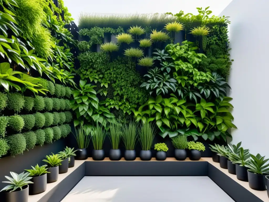 Construir huerto vertical sostenible con diseño minimalista y plantas exuberantes, bañado por luz natural