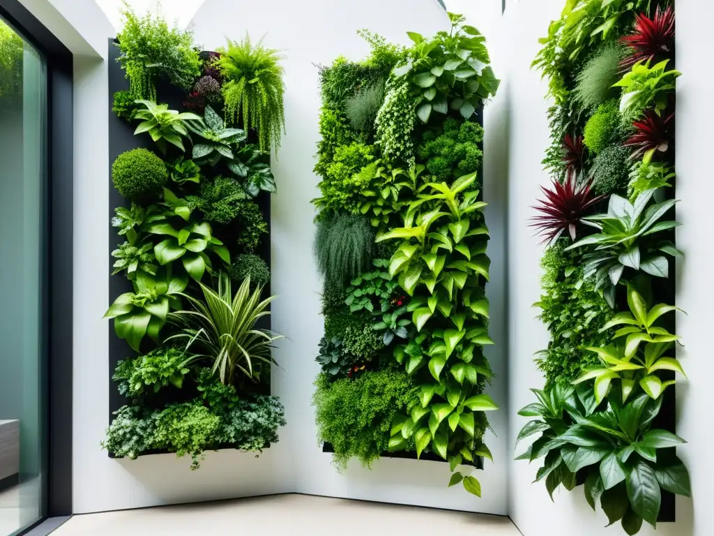 Un huerto vertical sostenible con vegetación exuberante organizada en un patrón geométrico, irradiando modernidad y diseño ecofriendly