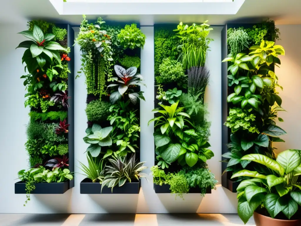 Construir huerto vertical sostenible: Un jardín vertical exuberante y armonioso con hierbas y vegetales, bañado por la luz solar