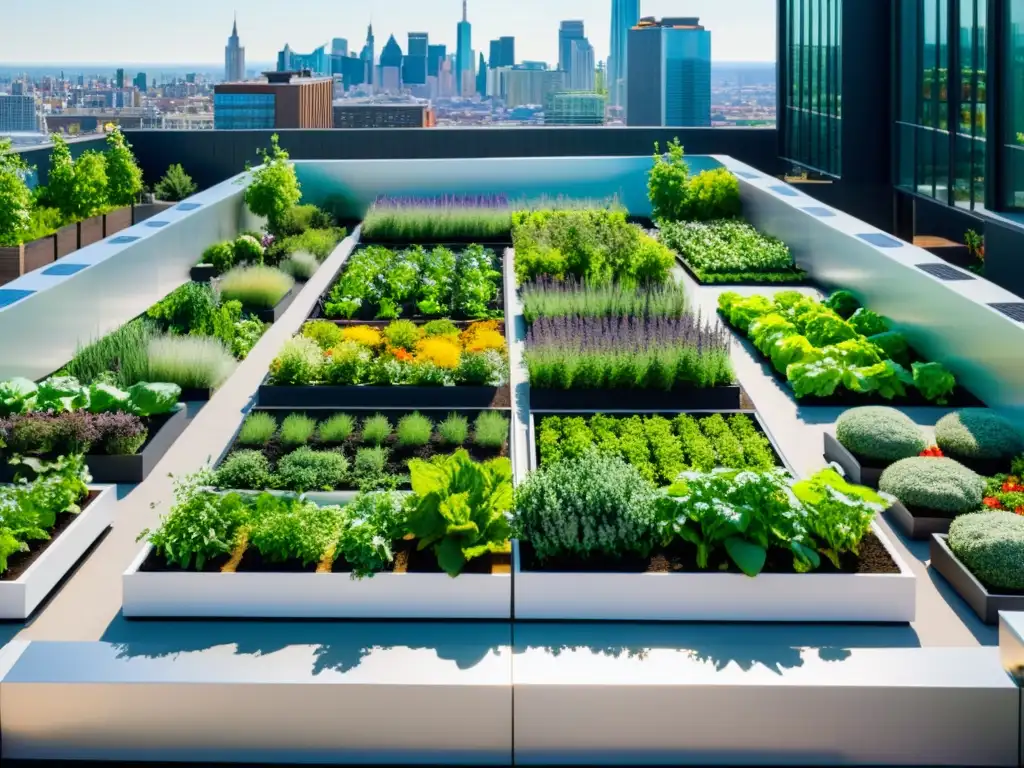 Huertos urbanos en azoteas sostenibles: impresionante vista aérea de un jardín urbano moderno en la azotea, con huertos ordenados y paneles solares