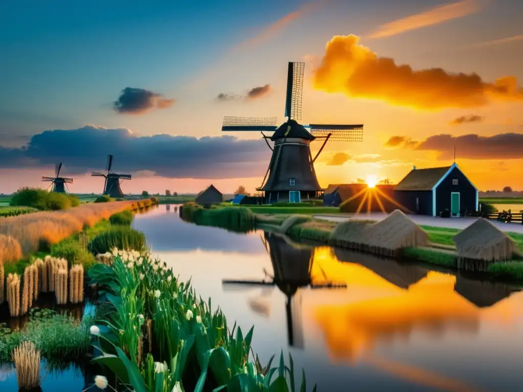 Los icónicos molinos de viento de Kinderdijk en Holanda, capturados durante un vibrante atardecer, reflejando la transición energética del país