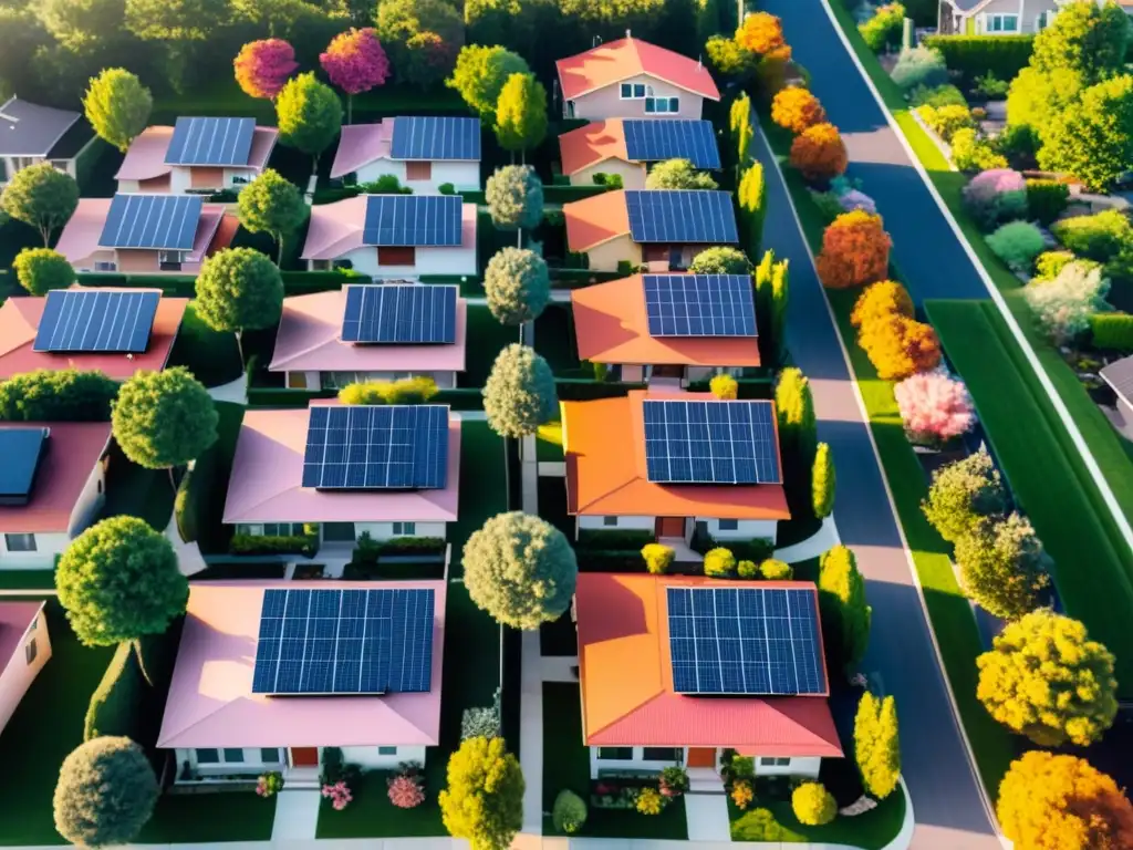 Una idílica comunidad suburbana con paneles solares en los techos