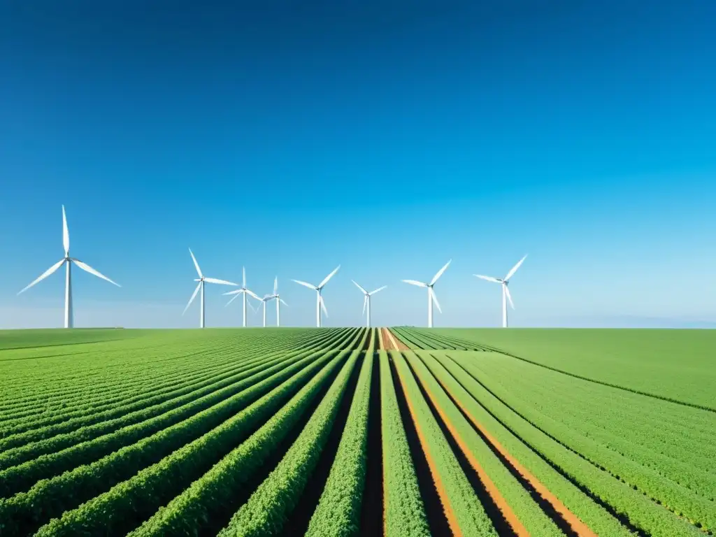 Una ilustración minimalista de un campo agrícola bañado por el sol con cultivos verdes vibrantes, y turbinas eólicas en un cielo azul claro