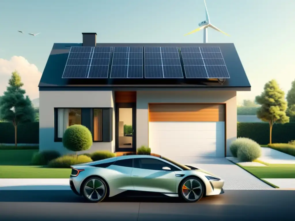 Una ilustración minimalista de una casa ecológica moderna con paneles solares, un aerogenerador y un coche eléctrico