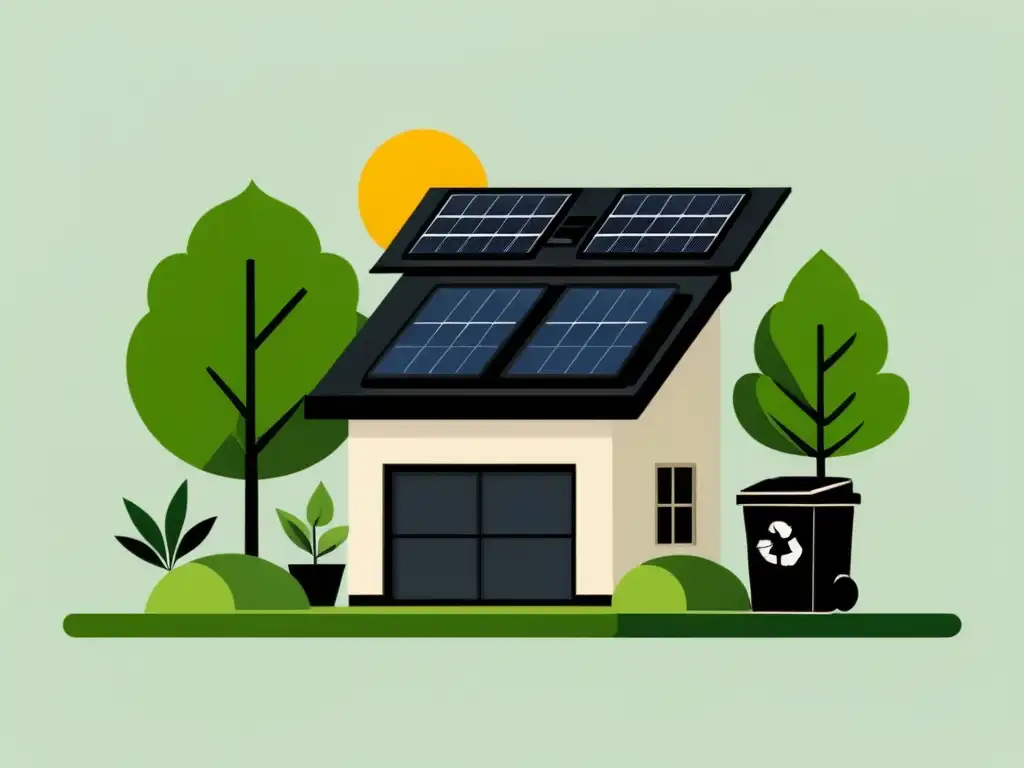 Una ilustración minimalista de una casa moderna con paneles solares, un compostador y un contenedor de reciclaje, rodeada de exuberante vegetación