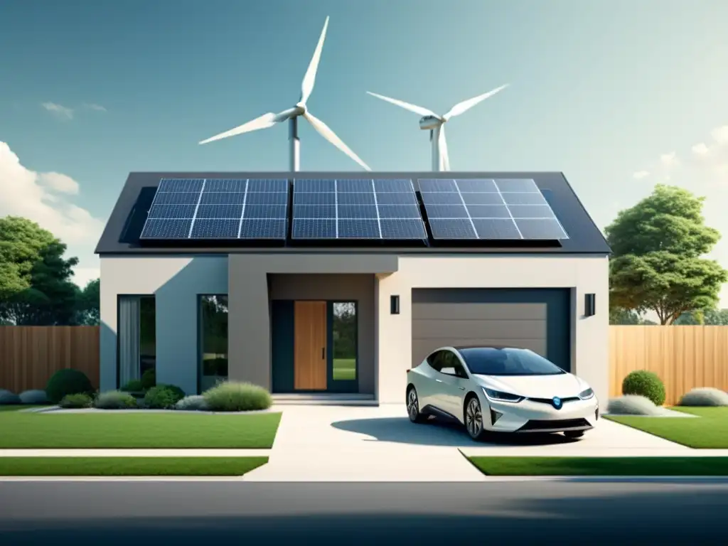 Una ilustración minimalista de una casa moderna con paneles solares, una turbina eólica y un coche eléctrico en la entrada