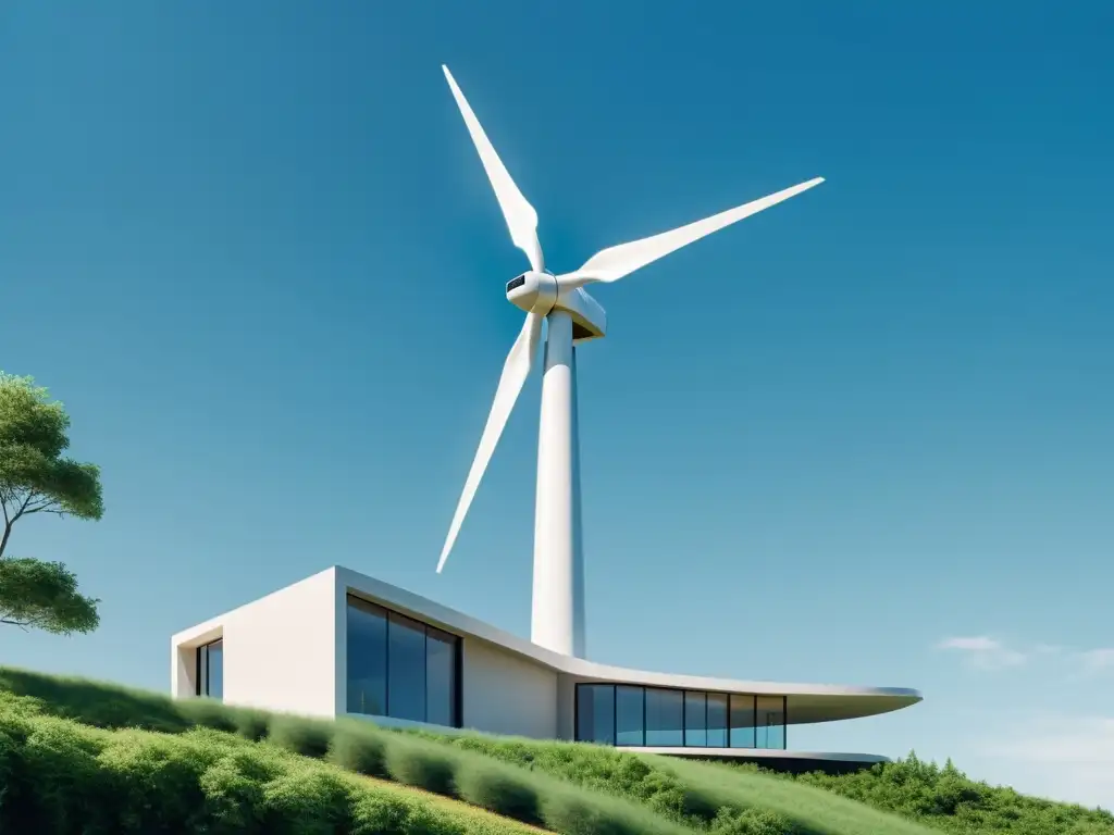 Una ilustración minimalista de una casa moderna y ecológica con un elegante aerogenerador integrado en el diseño