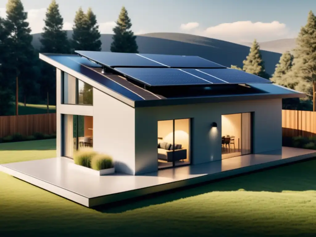 Una ilustración minimalista de una casa moderna con paneles solares en el techo y un sistema de almacenamiento de baterías de alta tecnología