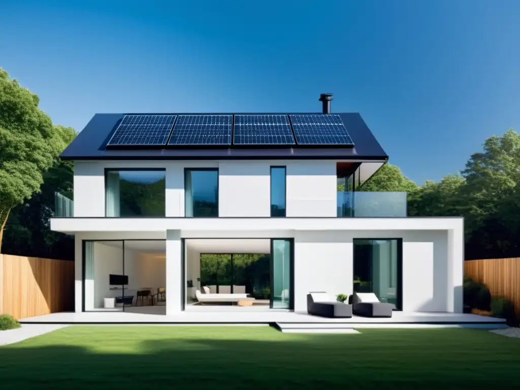 Una ilustración minimalista de una casa moderna y eficiente con paneles solares y un sistema de almacenamiento térmico integrado, enfatizando soluciones energéticas avanzadas para casas pasivas