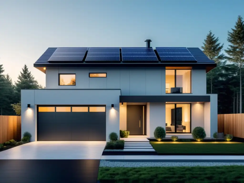 Una ilustración minimalista de una casa moderna y ecológica con paneles solares en el techo y un elegante sistema de almacenamiento de energía en el garaje