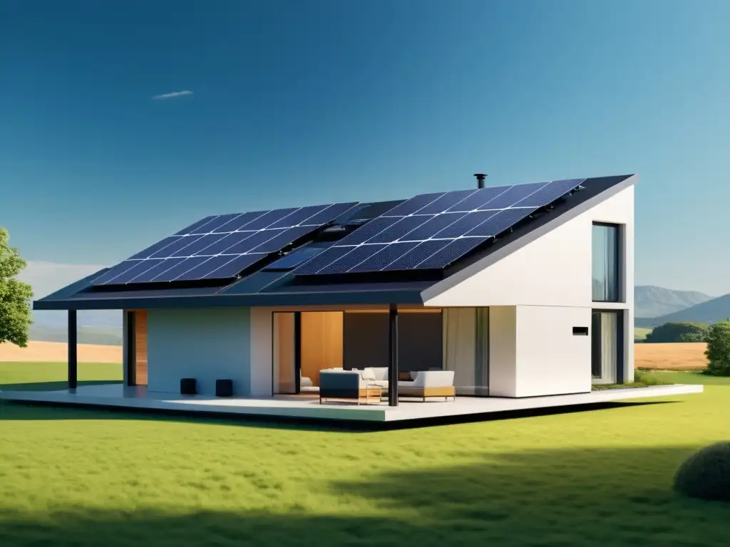 Una ilustración minimalista de una casa con paneles solares y un sistema de almacenamiento de energía para emergencias, integrados con elegancia en la arquitectura moderna, transmitiendo preparación e innovación ecológica