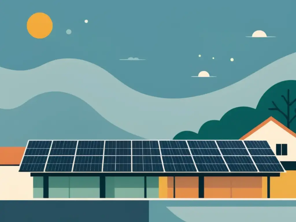 Una ilustración minimalista de una comunidad con paneles solares en los tejados, simbolizando la colaboración y las políticas de energía solar colaborativa