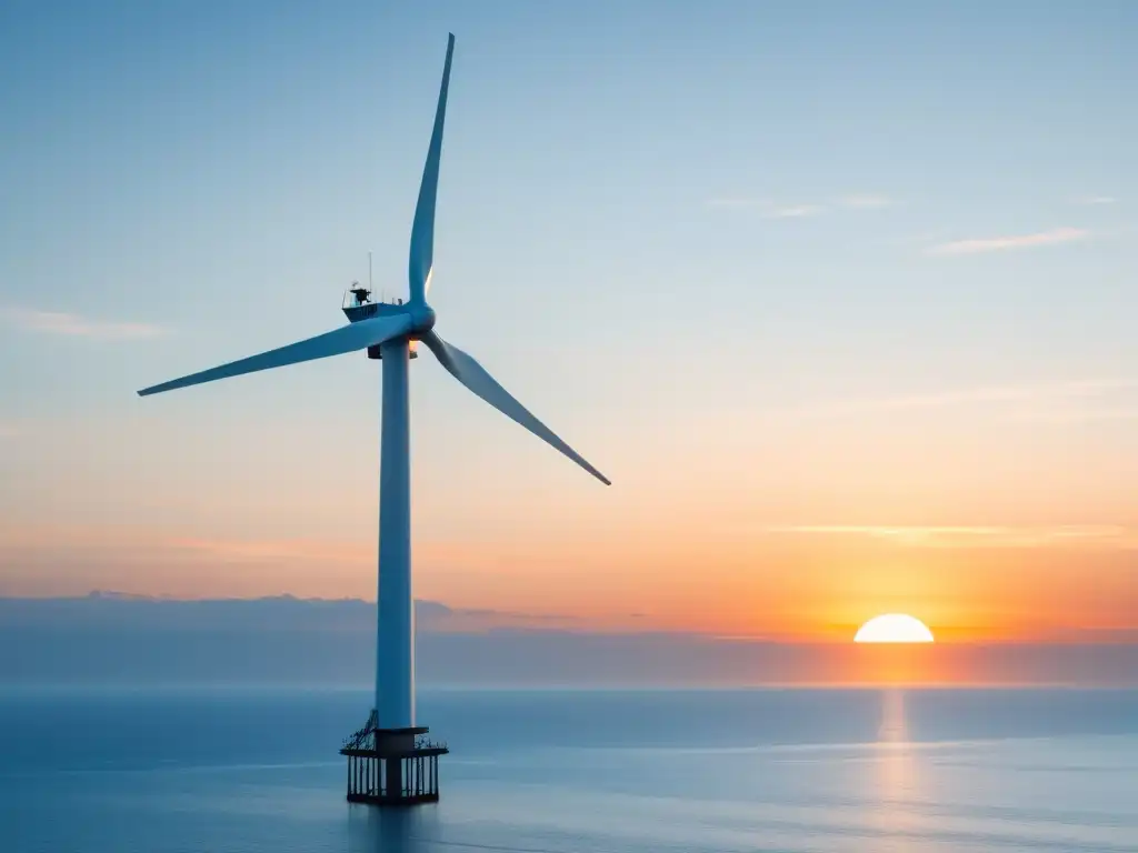 Una ilustración minimalista de una elegante turbina eólica marina, con un fondo de océano sereno y cielo al amanecer