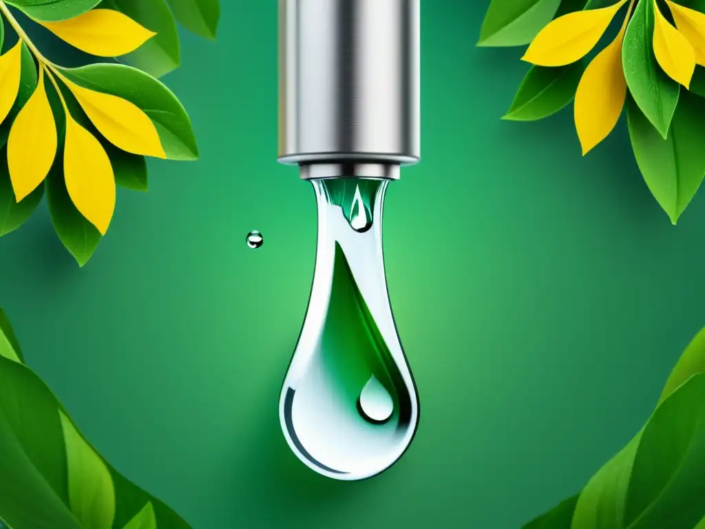 Una ilustración minimalista de un grifo con una gota de agua cayendo, rodeado de hojas verdes vibrantes