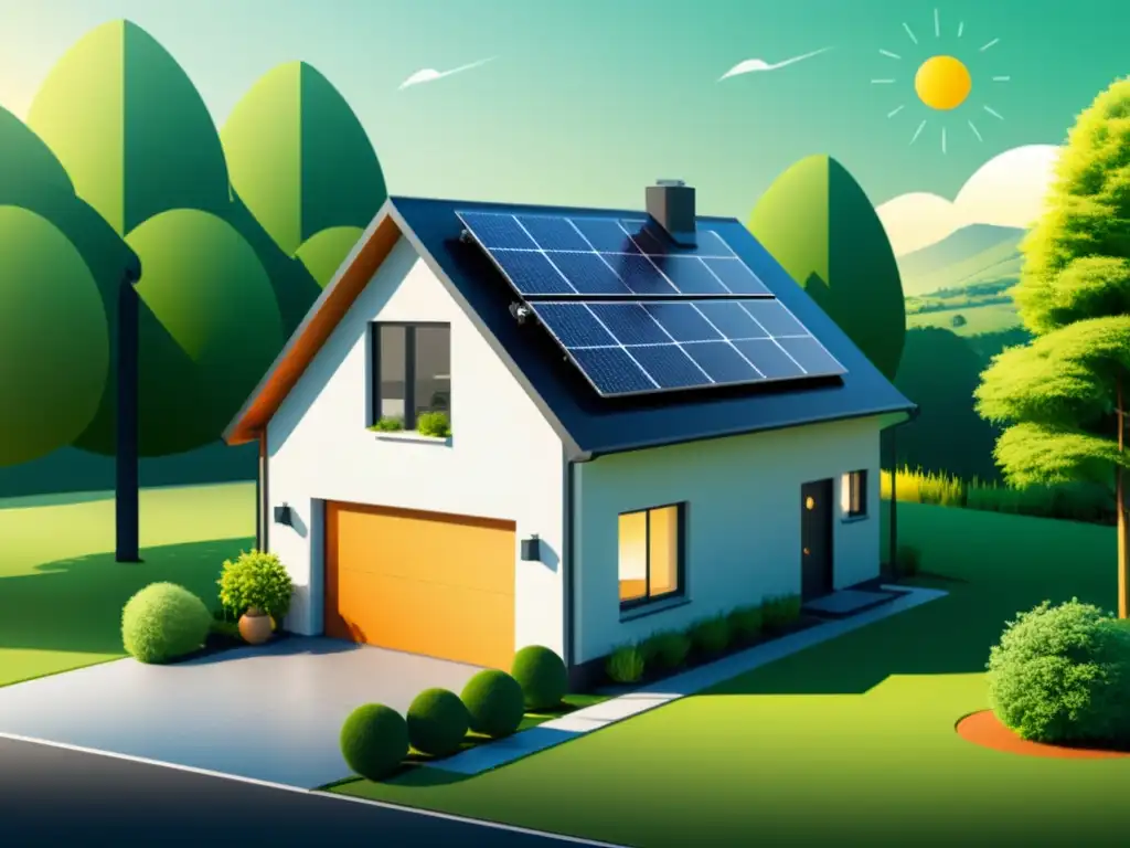 Una ilustración minimalista de un hogar moderno y sostenible con paneles solares en el techo y un sistema de almacenamiento de energía en el garaje