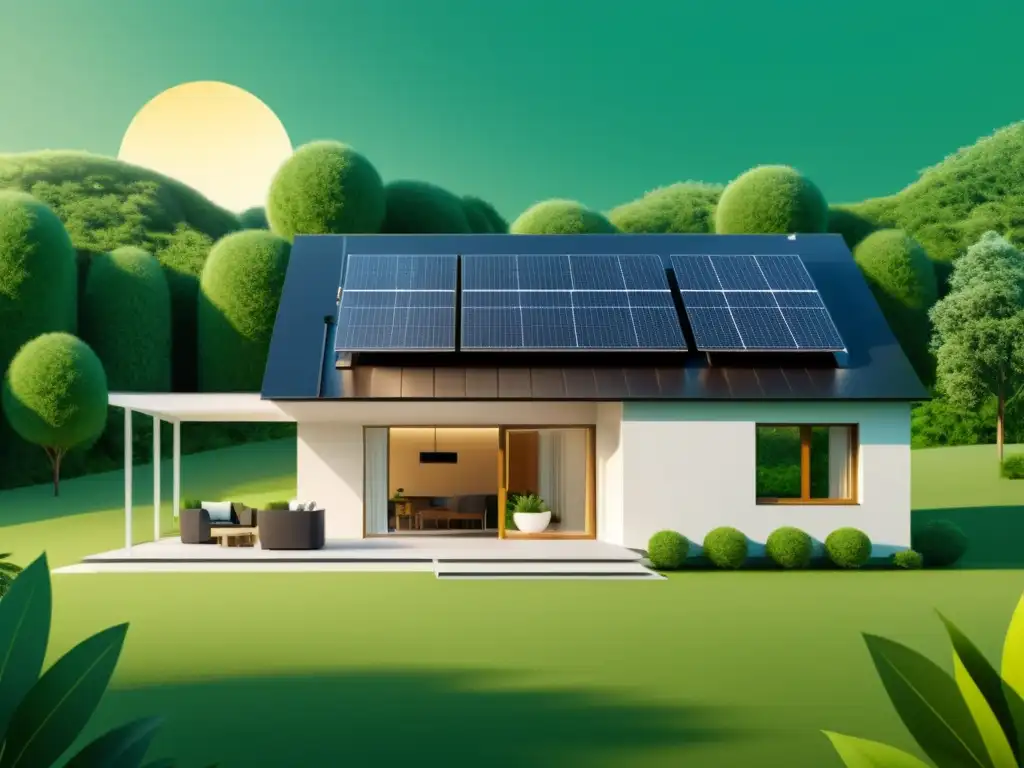 Una ilustración minimalista de un hogar moderno y sostenible con paneles solares en el techo, rodeado de exuberante vegetación y fuentes limpias y renovables de energía