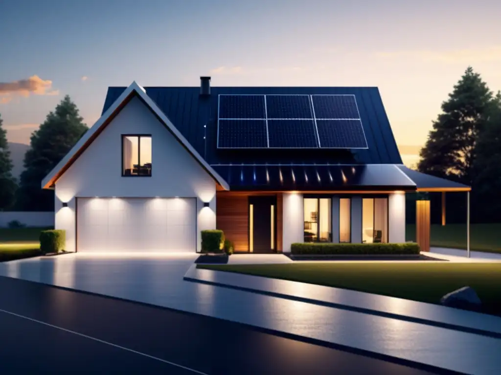 Una ilustración minimalista de un hogar moderno con paneles solares en el techo, sistema de almacenamiento de energía en el garaje y tecnología de red inteligente, mostrando el almacenamiento de energía para hogar sostenible