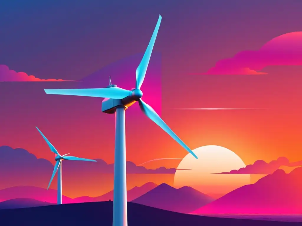 Una ilustración minimalista de una innovadora turbina eólica en un atardecer vibrante