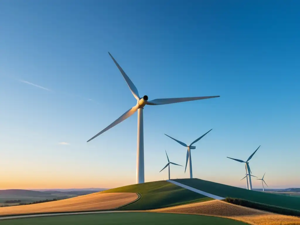 Una ilustración minimalista de una moderna turbina eólica en un cielo azul claro al atardecer, irradiando una cálida luz dorada sobre el paisaje