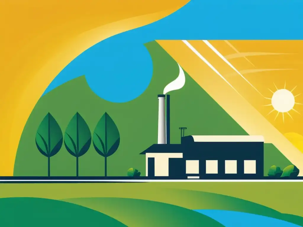 Planta de bioenergía: armonía sustentable en la naturaleza Una ilustración minimalista de una planta de bioenergía rodeada de campos verdes exuberantes, con el sol brillando en el fondo y un cielo azul claro