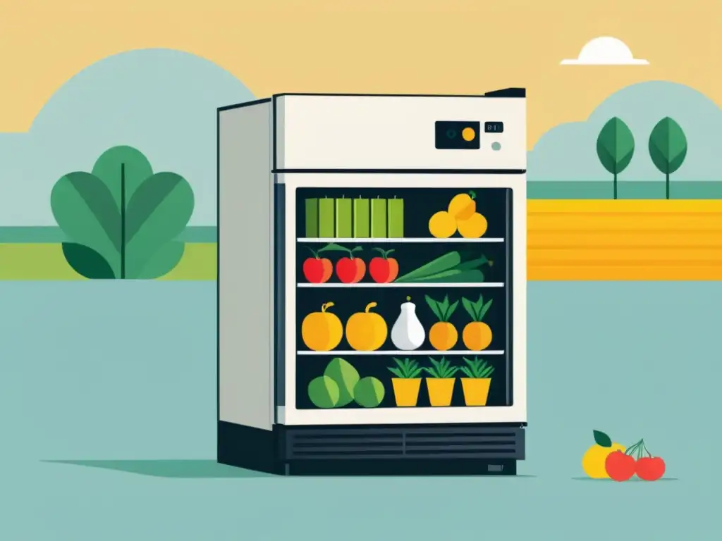 Una ilustración minimalista de un refrigerador solar con estantes organizados llenos de productos frescos, en un día soleado