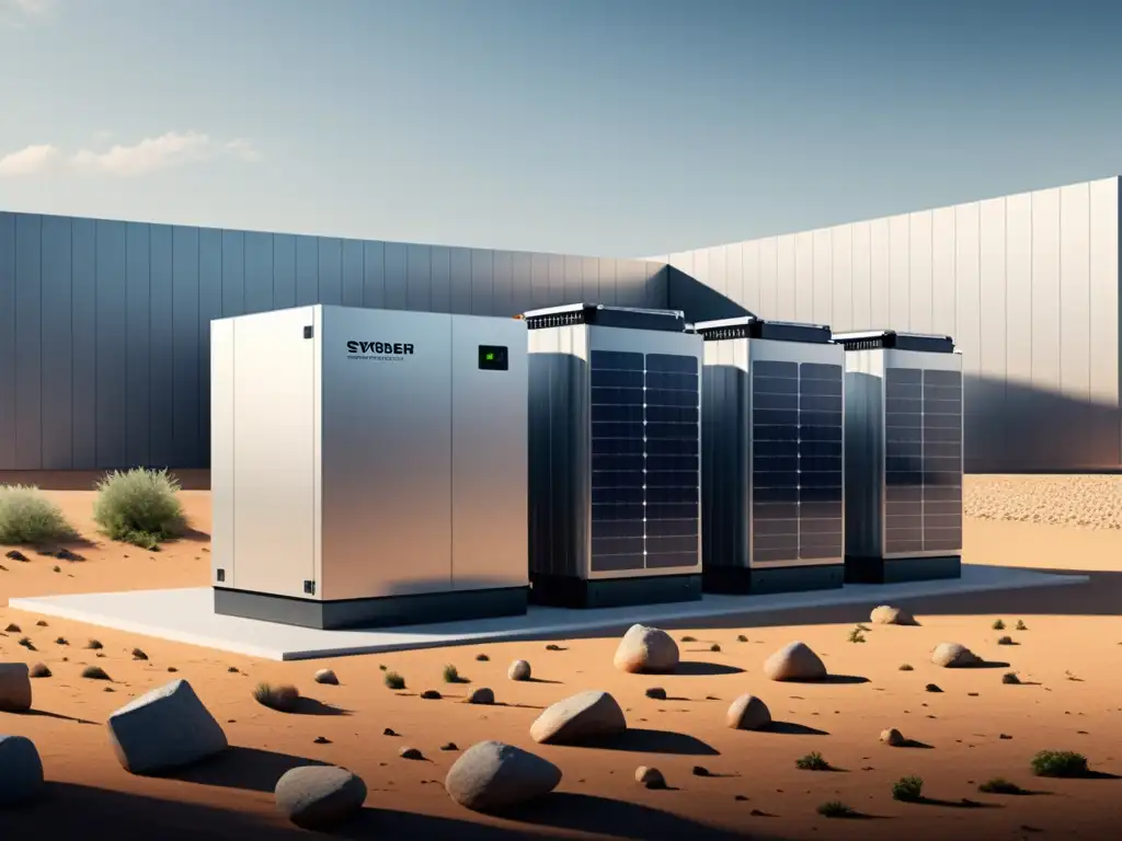 Una ilustración minimalista de un sistema de almacenamiento de energía a gran escala integrado en un microgrid, mostrando la fluidez de energía y la interconexión de los componentes