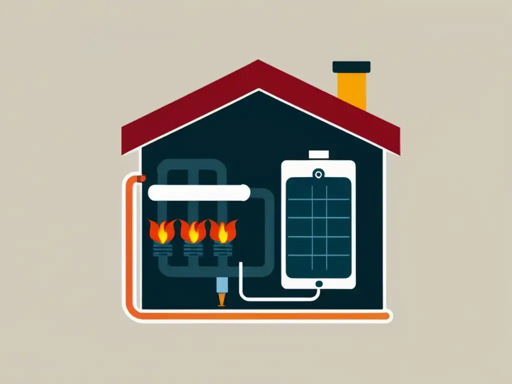 Una ilustración minimalista de un sistema de bomba de calor en acción, mostrando el proceso de extracción de calor del aire o suelo circundante y su transferencia a un edificio para calefacción