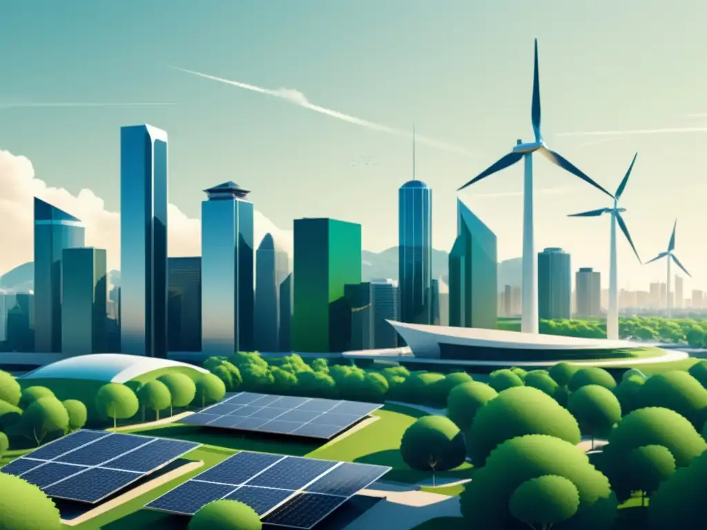 Una ilustración minimalista de un skyline moderno con edificios futuristas integrados con energías renovables y redes eléctricas avanzadas