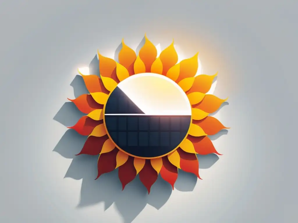 Una ilustración minimalista de un sol con paneles solares irradiando hacia afuera, en un fondo blanco limpio