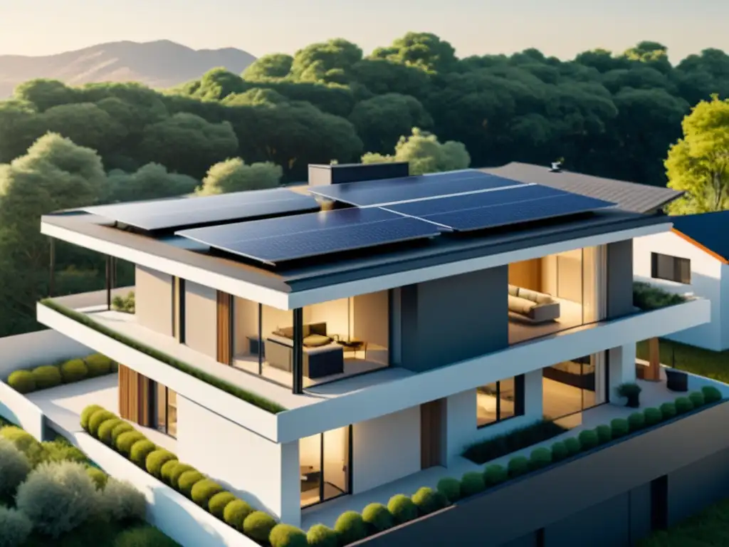 Una ilustración minimalista de un techo residencial con paneles solares instalados, integrando la tecnología de energía solar en un entorno hogareño