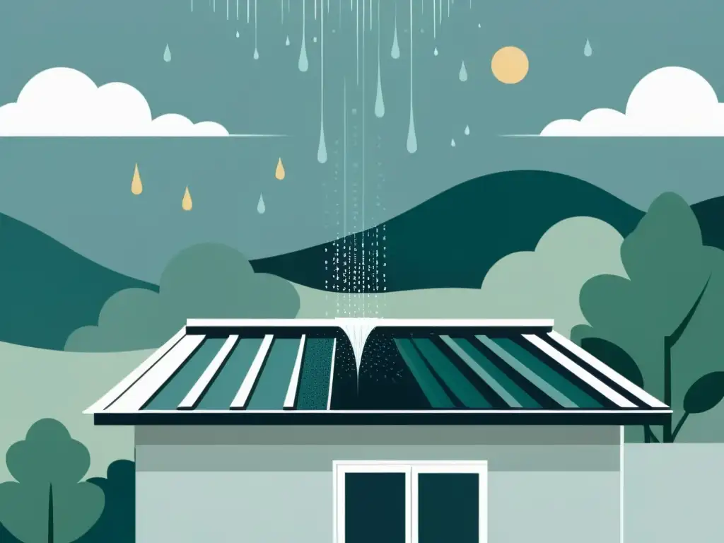 Una ilustración minimalista de un tejado residencial captando agua de lluvia con un sistema moderno