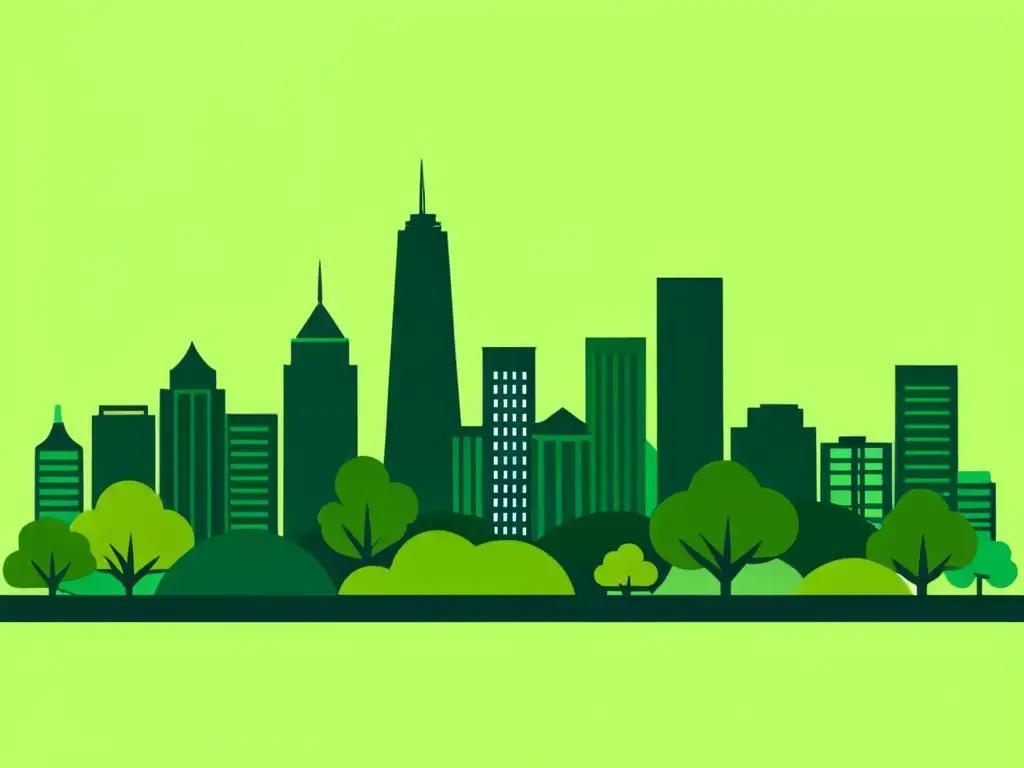 Una ilustración minimalista y vibrante de un skyline urbano con vegetación integrada, simbolizando el compostaje legal en tu ciudad